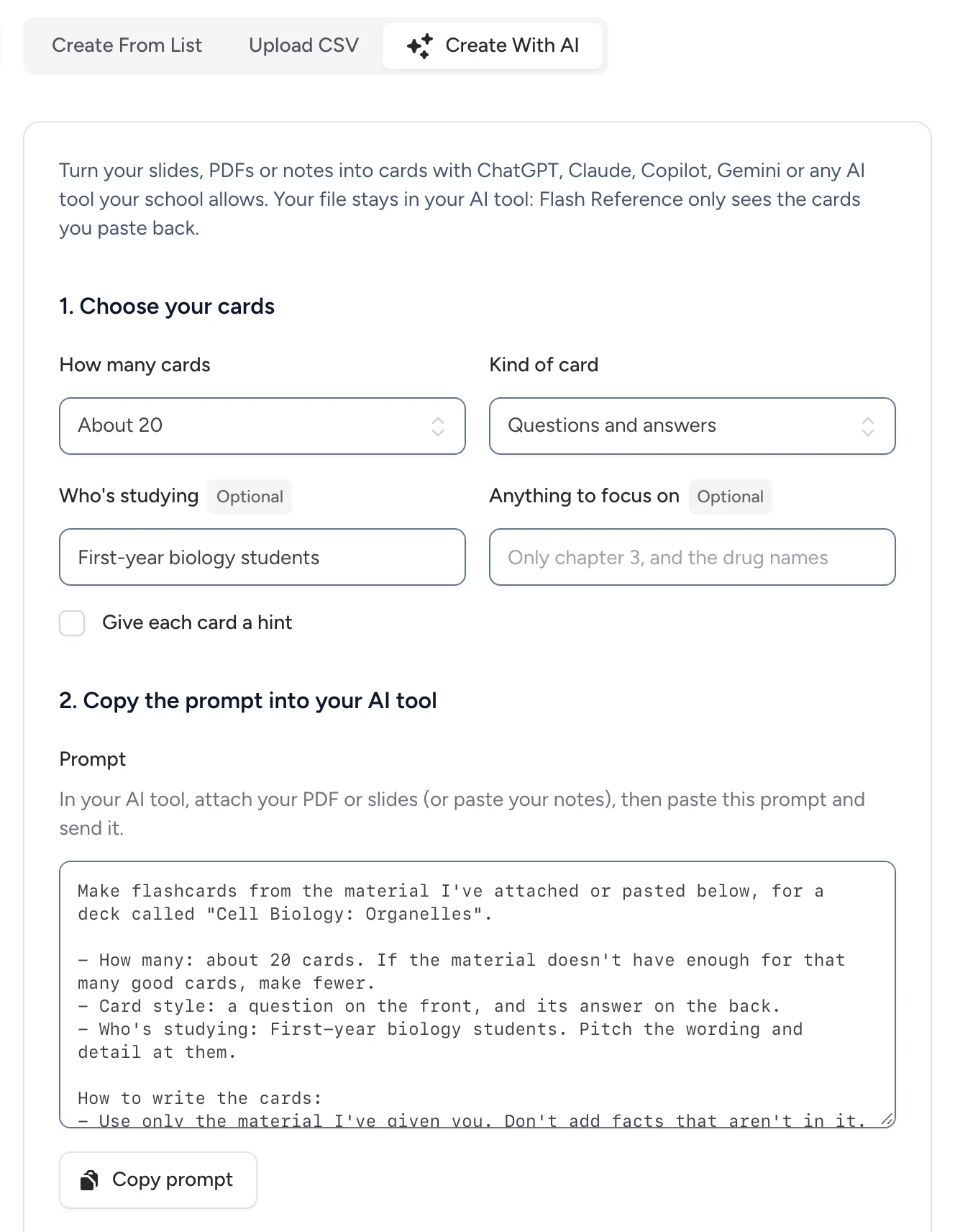 The Create With AI tab: choosing how many cards and what kind, and the prompt to copy into an AI tool