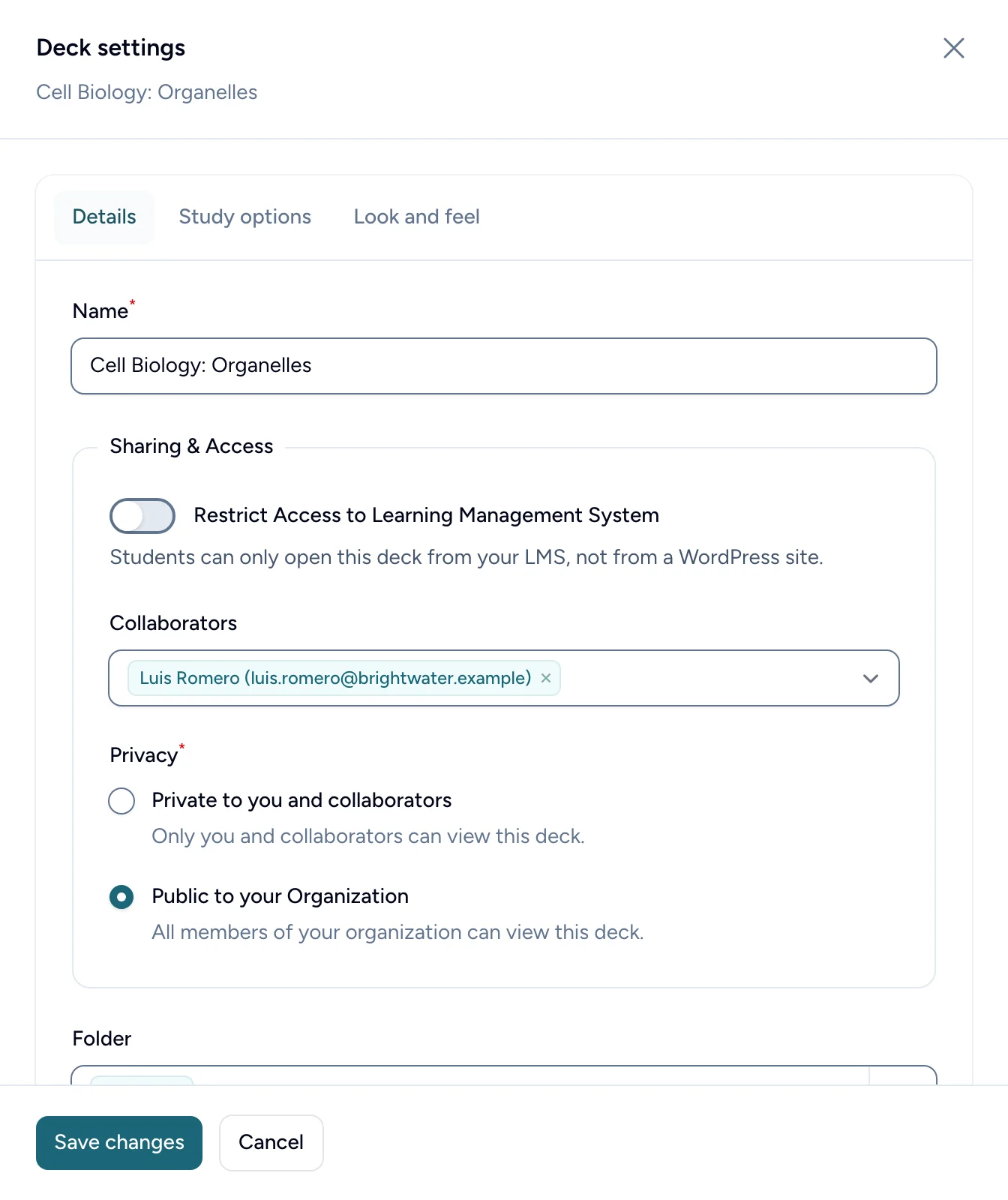 The Details tab of a deck's settings, with its name, sharing and folders