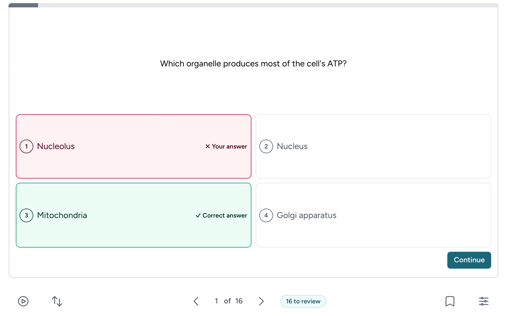 A multiple-choice question with four answers, the student's wrong answer and the correct answer marked