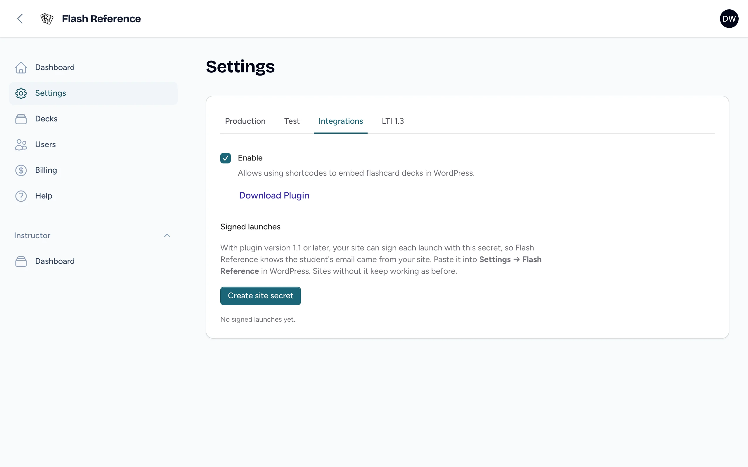 The Integrations tab of Settings, with WordPress turned on, a Download Plugin link and a Create site secret button