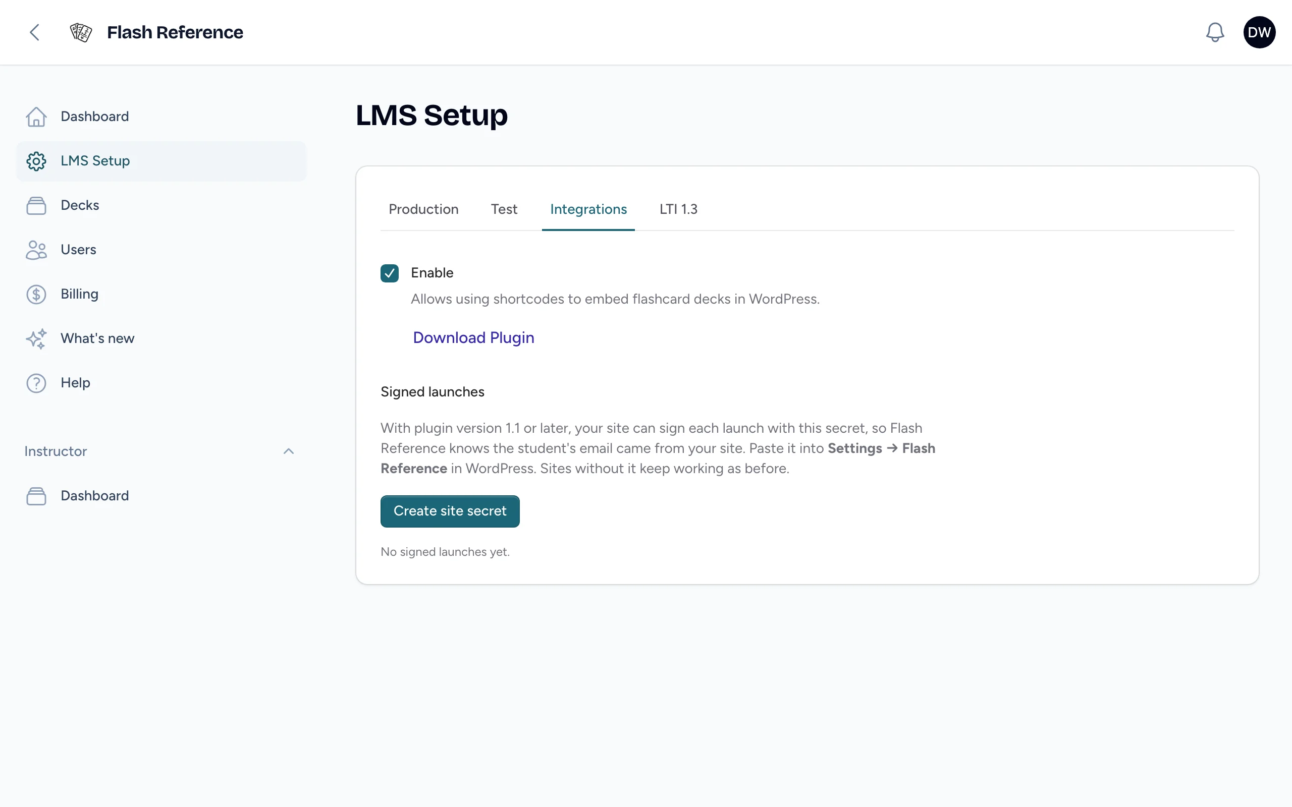 The Integrations tab of LMS Setup