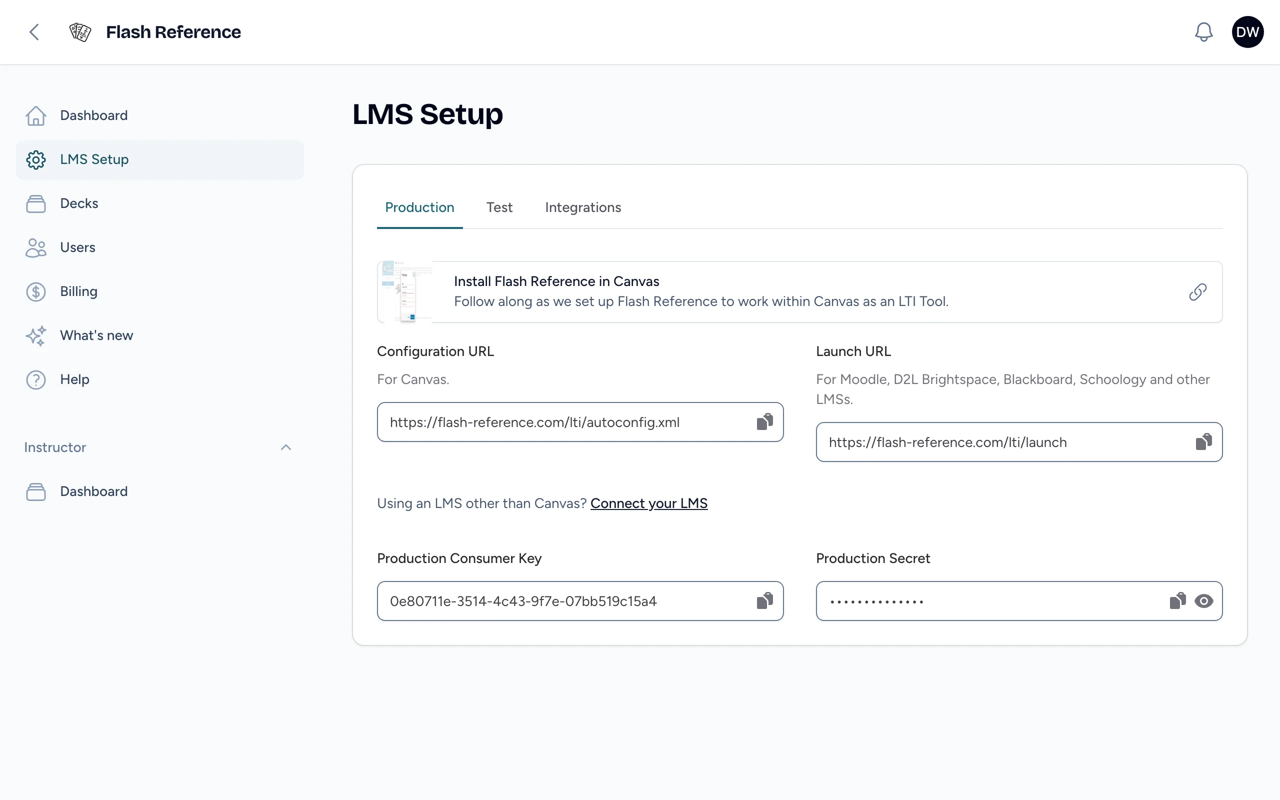 The Production tab of LMS Setup