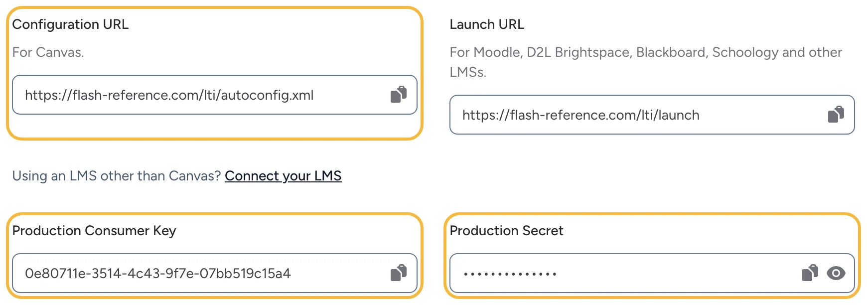 The Configuration URL, consumer key and secret in LMS Setup