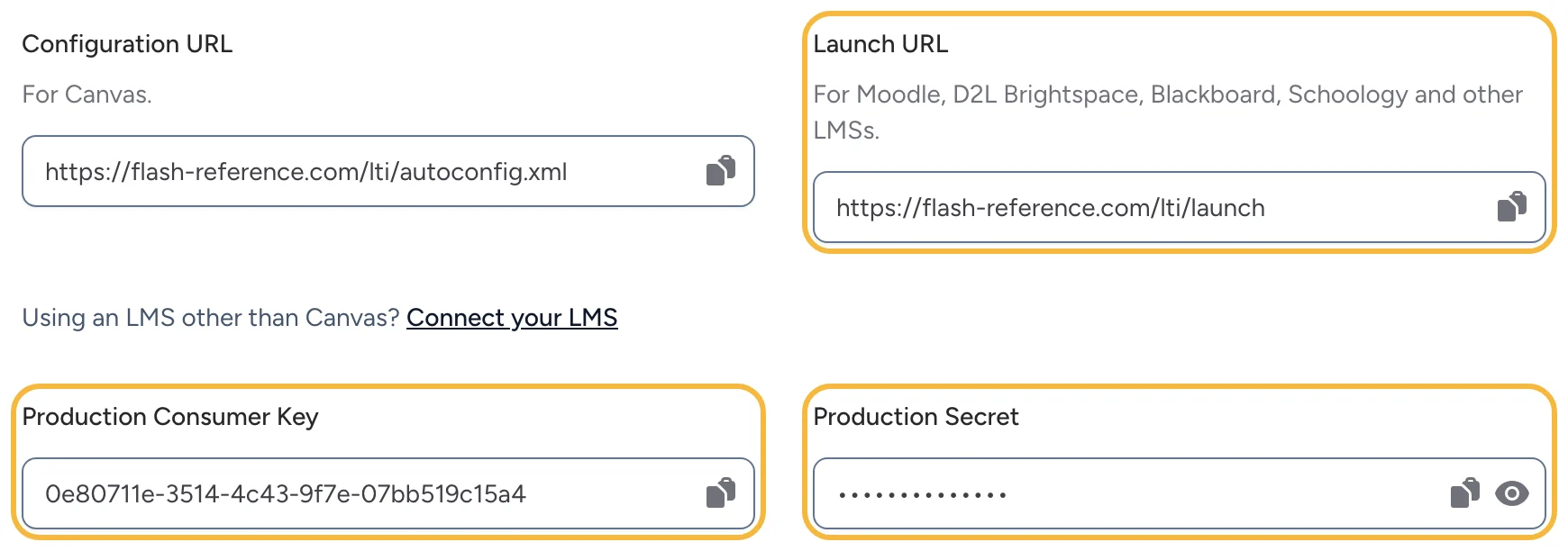 The Launch URL, consumer key and secret in LMS Setup