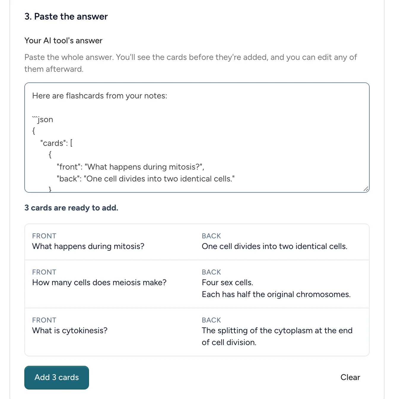 An AI tool's answer pasted back, with the three cards it found listed underneath