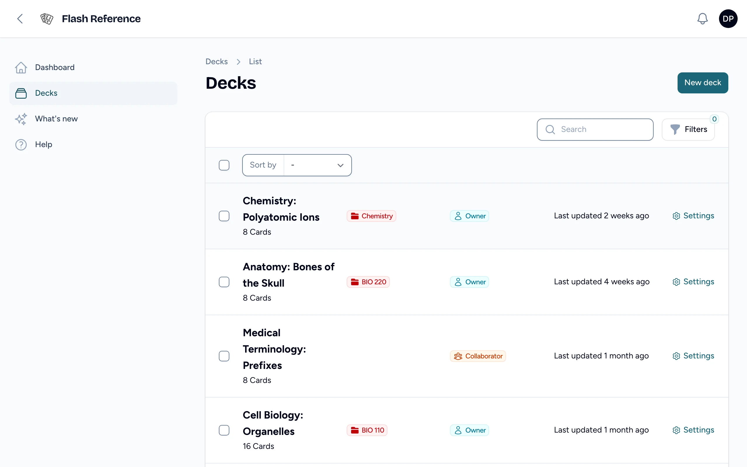 The list of decks