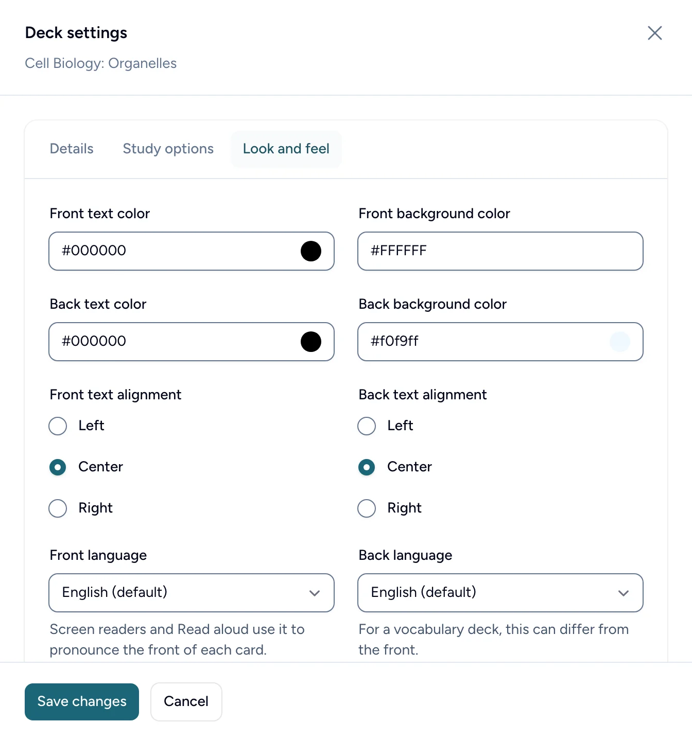 The Look and feel tab of a deck's settings