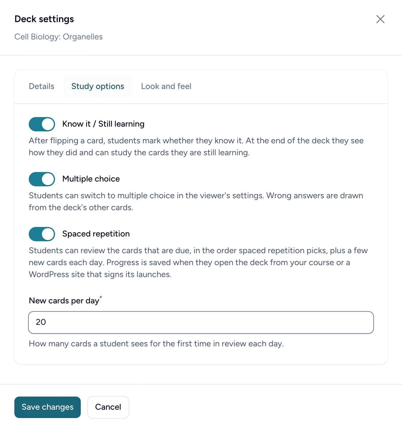 The Study options tab of a deck's settings