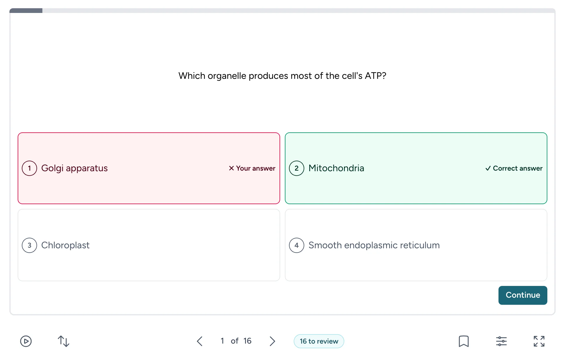 An answered question, showing the right answer and the one picked