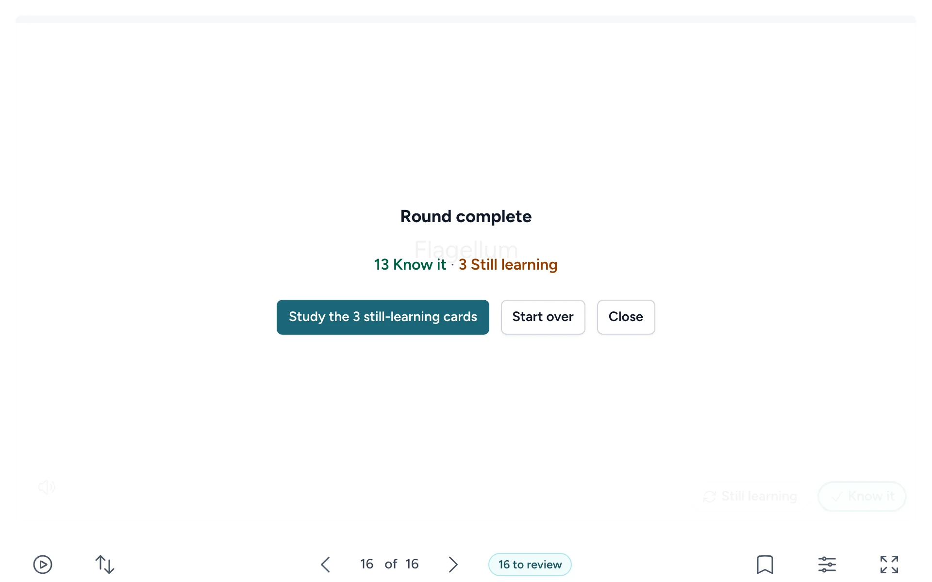 Round complete, with counts of Know it and Still learning