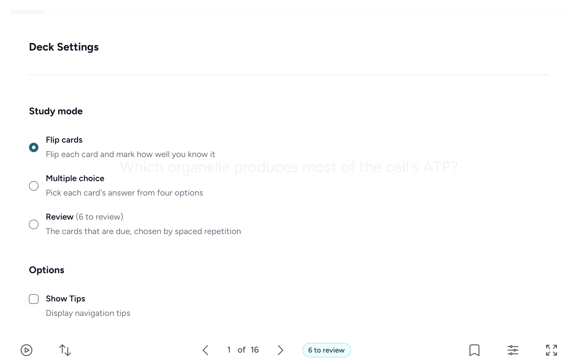 Deck Settings, with the three study modes