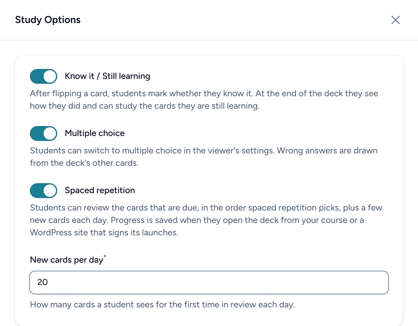 The Study options tab of a deck's settings, with switches for Know it / Still learning, Multiple choice and Spaced repetition, and a New cards per day setting.