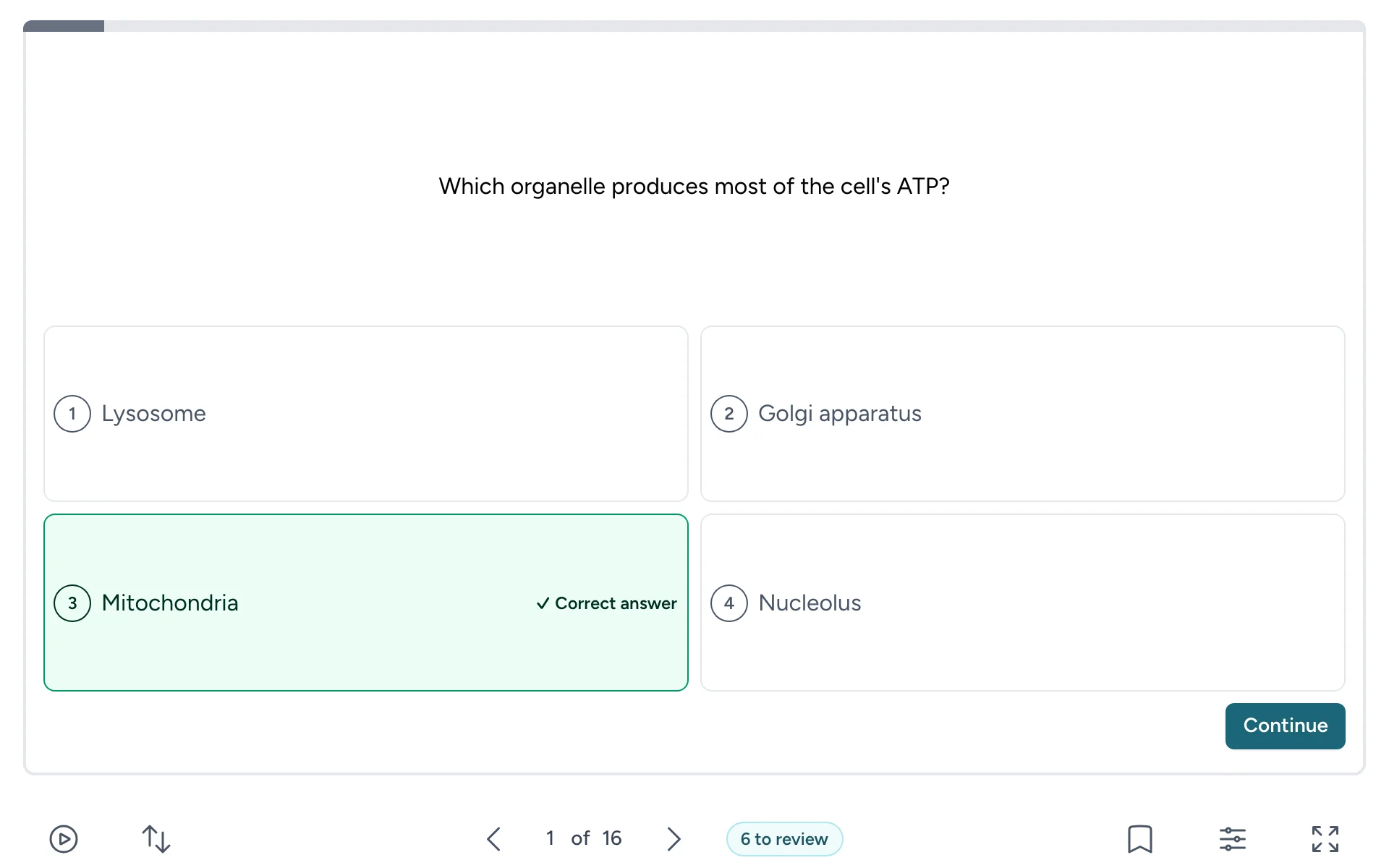 A multiple-choice question with four answers. “Mitochondria” is marked as the correct answer, with a Continue button.