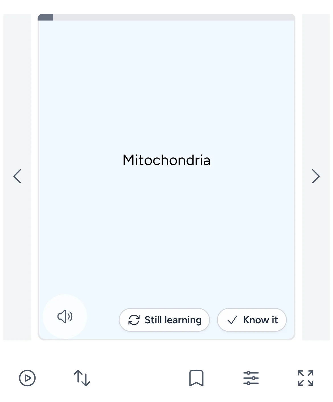 The same card on a phone, flipped to the answer “Mitochondria”, with Still learning and Know it buttons.