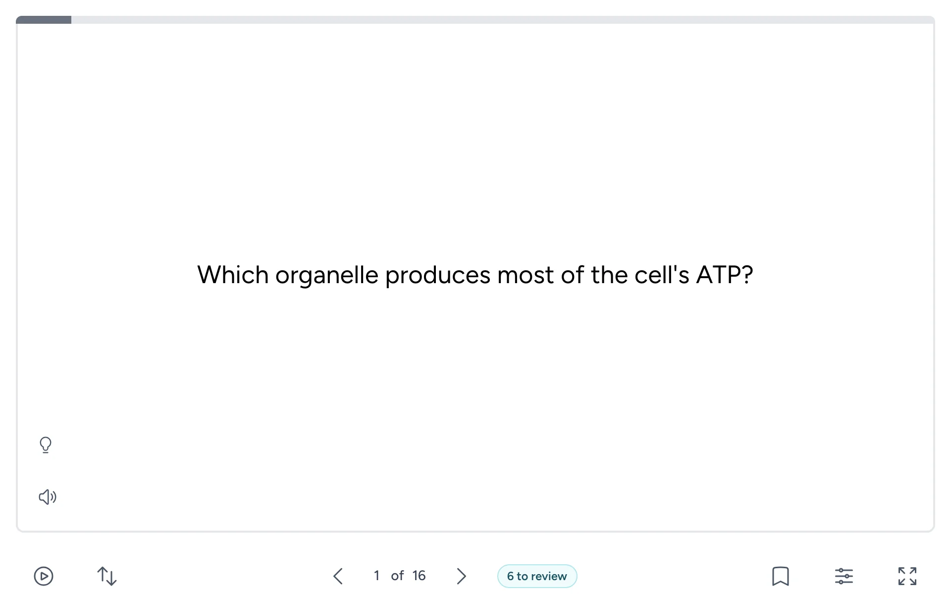 The Flash Reference card viewer inside a course, showing the question “Which organelle produces most of the cell’s ATP?”, with buttons for the previous and next card and a count of cards due for review.